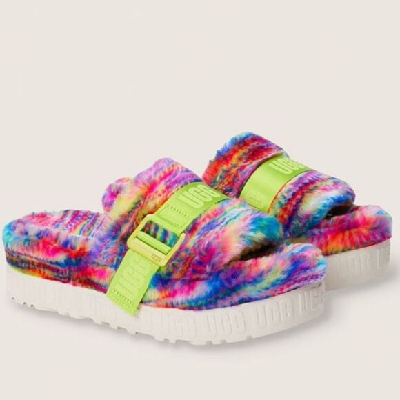 UGG Slippers NEW Fluffita Fur Platform Rainbow Pixelate Flatform Multicolor 6 - Picture 5 of 8